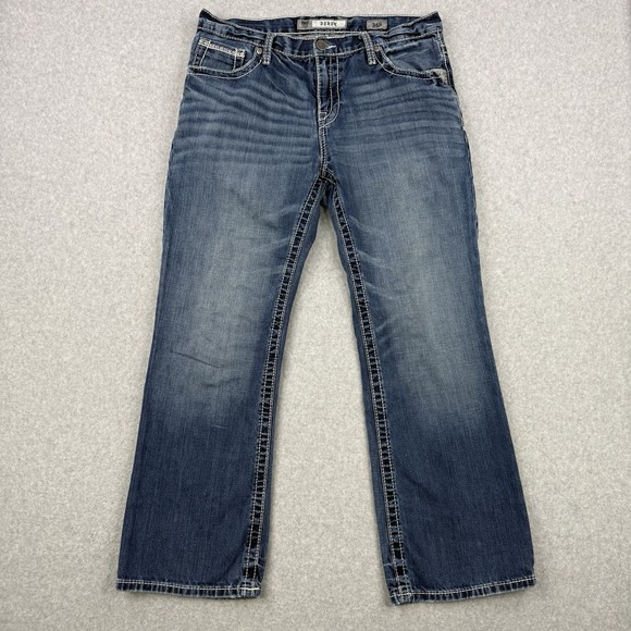 BKE Jeans Mens 34x29 Blue Derek Bootcut Western Whiskering Heavy Stitch Denim - Picture 1 of 13